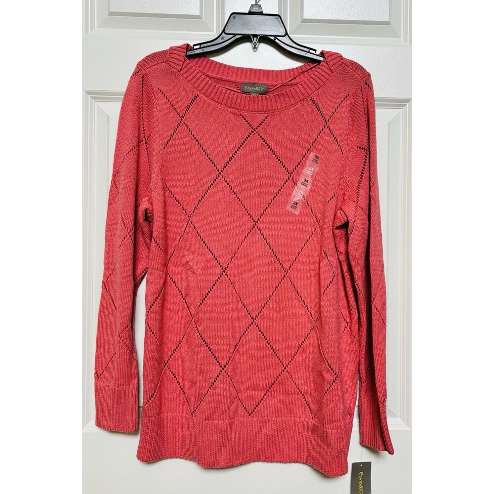 STYLE & CO. WOMENS SWEATER POINTELLE PINK STRWBRRY PULLOVER BOAT NECK SIZE 0X/3X